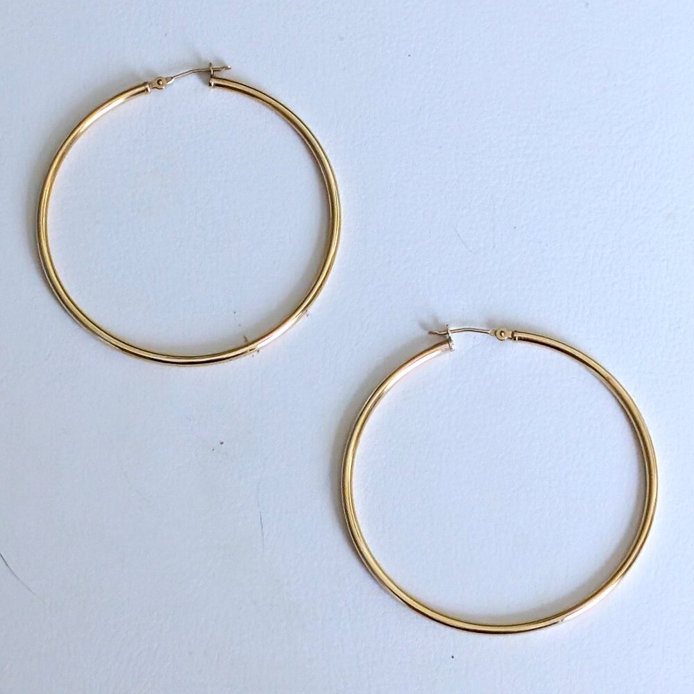 Vintage Large Solid 14K Yellow Gold 1 15/16" Top Diameter Hoop Pierced Earrings